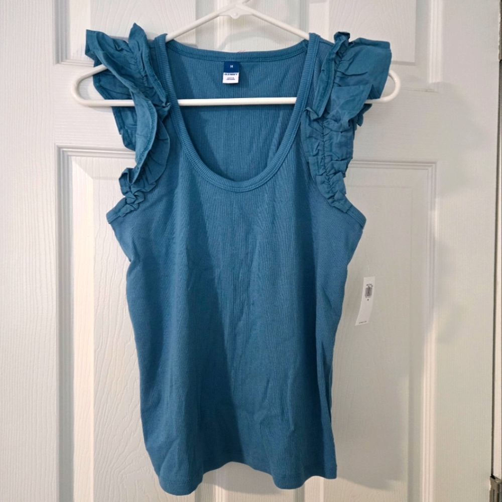 Blue Ruffled Sleeveless Top